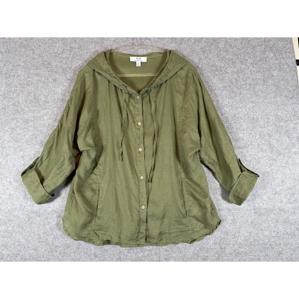 Magaschoni Linen Hooded Shirt Women L Green Like New Button Down Roll Tab Sleeve